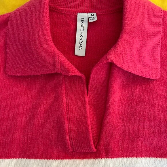 Grace & Karma Hot Pink Striped Collared Sweater | Preppy Chic | Women’s Medium - Picture 5 of 6